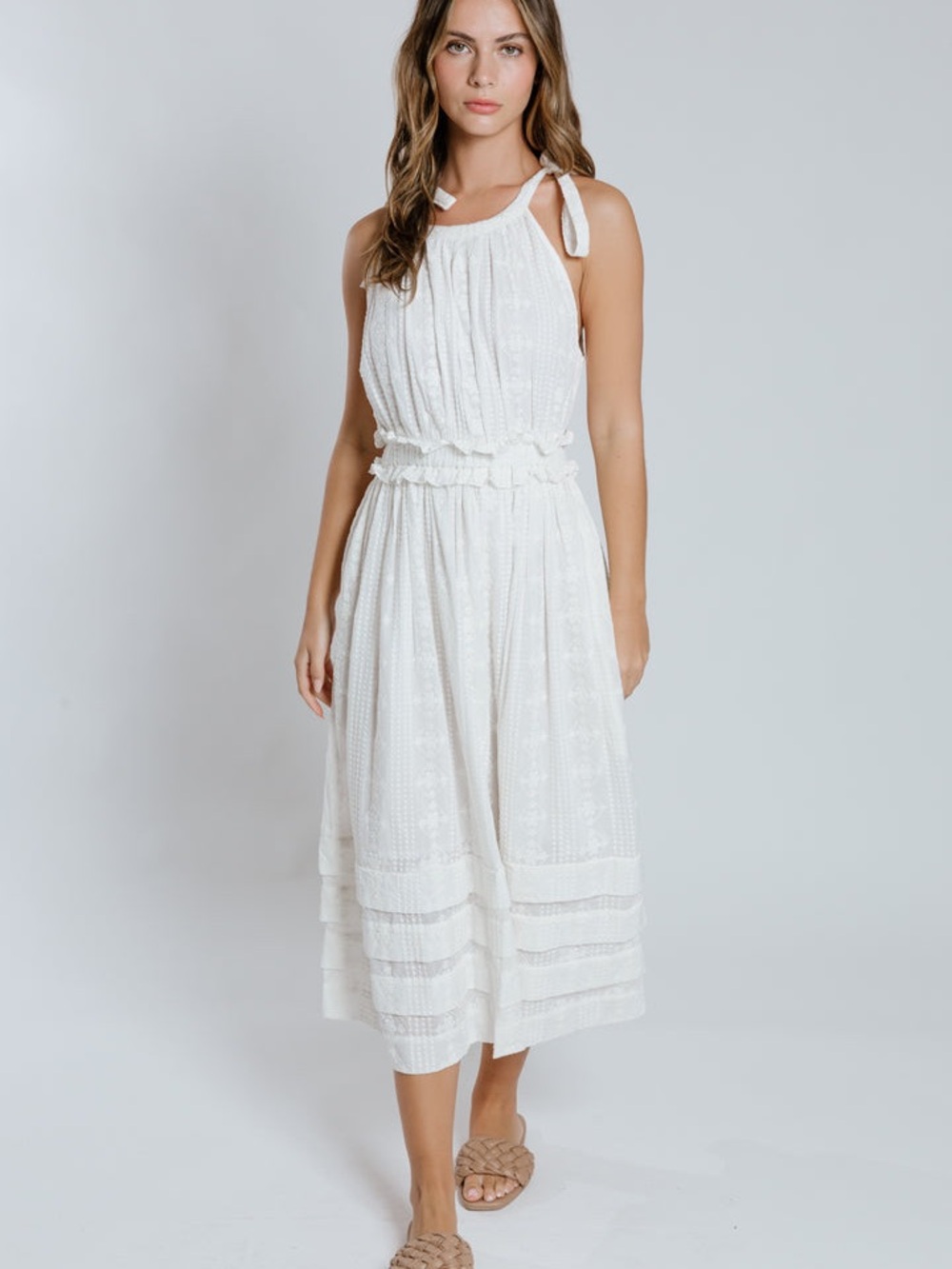 RAGA White Tie-Shoulder Embroidered Lace Midi Dress